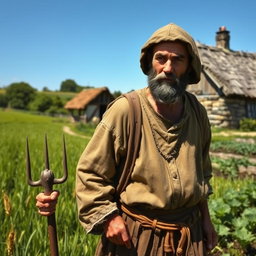 A detailed depiction of a medieval peasant in a vibrant green countryside, wearing weathered yet sturdy clothing typical of the 14th century
