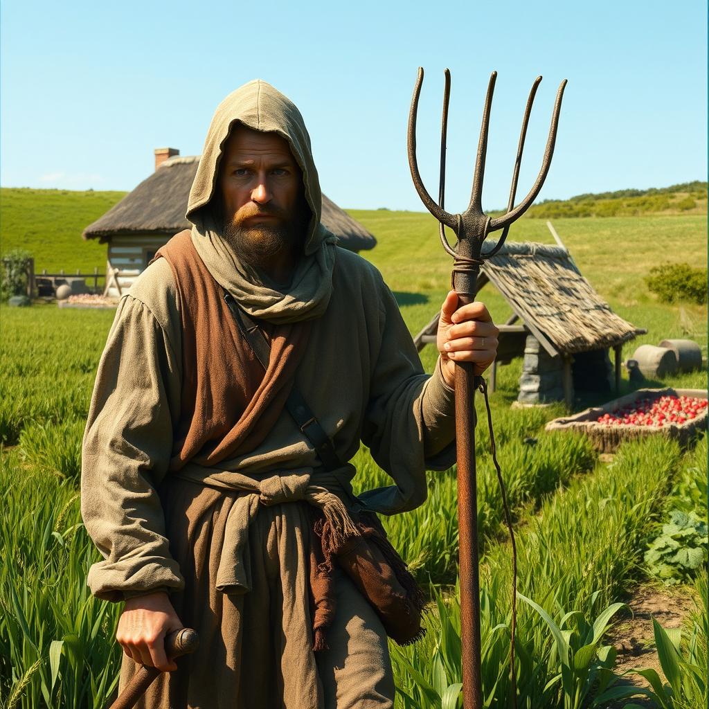 A detailed depiction of a medieval peasant in a vibrant green countryside, wearing weathered yet sturdy clothing typical of the 14th century