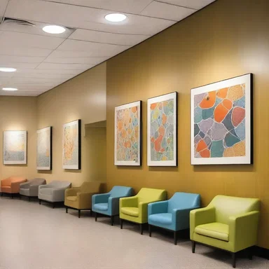 The sleek and modern waiting room of the hospital features an artistic display depicting the cells affected by alveolar rhabdomyosarcoma.
