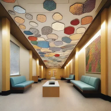 The sleek and modern waiting room of the hospital features an artistic display depicting the cells affected by alveolar rhabdomyosarcoma.