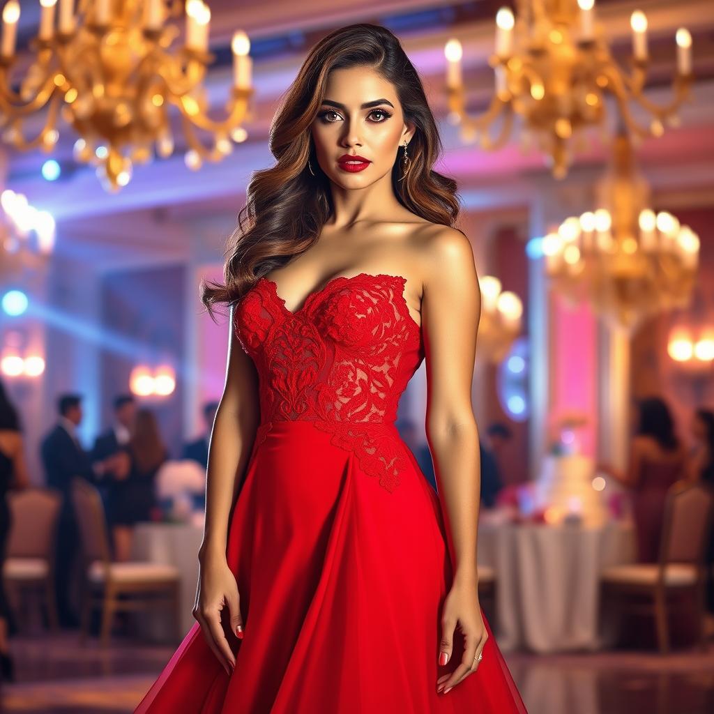 A glamorous scene featuring a beautiful woman wearing a stunning red dress that flows elegantly to the floor