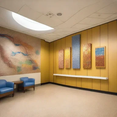 The sleek and modern waiting room of the hospital features an artistic display depicting the cells affected by alveolar rhabdomyosarcoma.