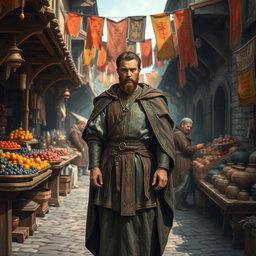 A richly detailed portrayal of a medieval human standing in a bustling marketplace, dressed in elaborate attire from the late Middle Ages, complete with a tunic and cloak adorned with intricate patterns