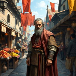 A richly detailed portrayal of a medieval human standing in a bustling marketplace, dressed in elaborate attire from the late Middle Ages, complete with a tunic and cloak adorned with intricate patterns