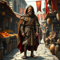 A richly detailed portrayal of a medieval human standing in a bustling marketplace, dressed in elaborate attire from the late Middle Ages, complete with a tunic and cloak adorned with intricate patterns