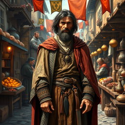 A richly detailed portrayal of a medieval human standing in a bustling marketplace, dressed in elaborate attire from the late Middle Ages, complete with a tunic and cloak adorned with intricate patterns
