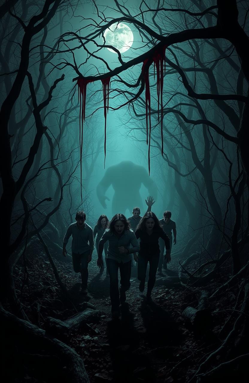 A chilling horror scene set in a dense, dark forest