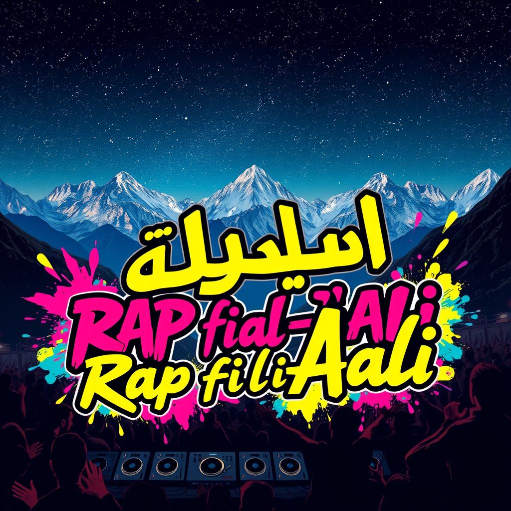 A vibrant poster for an Arabic rap party titled 'Rap fi al-‘Aali', set in a stunning mountain landscape