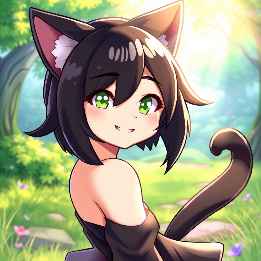 A cheerful Miqo'te character with sleek black hair and striking green eyes, smiling warmly