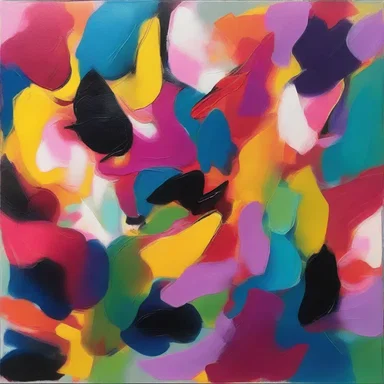 The abstract painting portrays the aggressiveness and chaos of alveolar rhabdomyosarcoma through vibrant colors and bold brushstrokes.