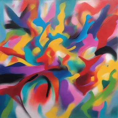 The abstract painting portrays the aggressiveness and chaos of alveolar rhabdomyosarcoma through vibrant colors and bold brushstrokes.
