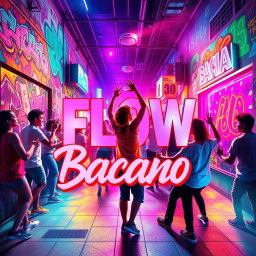 A vibrant and energetic album cover titled 'Flow Bacano'