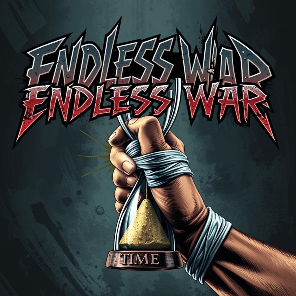 An intense piece featuring the stylish band font 'ENDLESS WAR' in a thrash metal style, with jagged, sharp edges, and a metallic appearance, resembling traditional heavy metal art