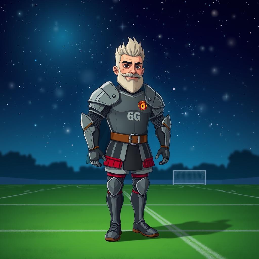 A medieval lord character dressed in a football player's uniform, standing confidently in the middle of a football pitch, surrounded by a beautiful starry night sky