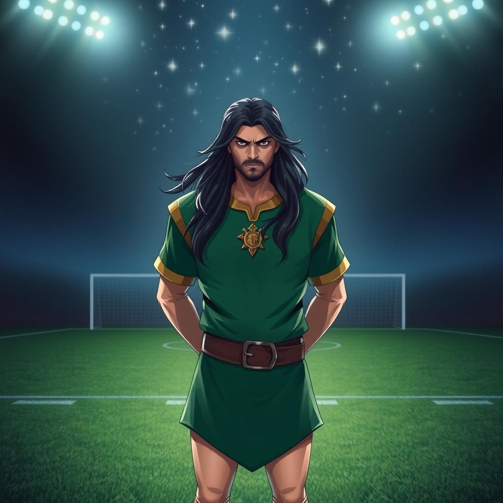 A medieval character inspired by Robin Hood, dressed in a football player's uniform, standing in the center of a football pitch under a starry night sky
