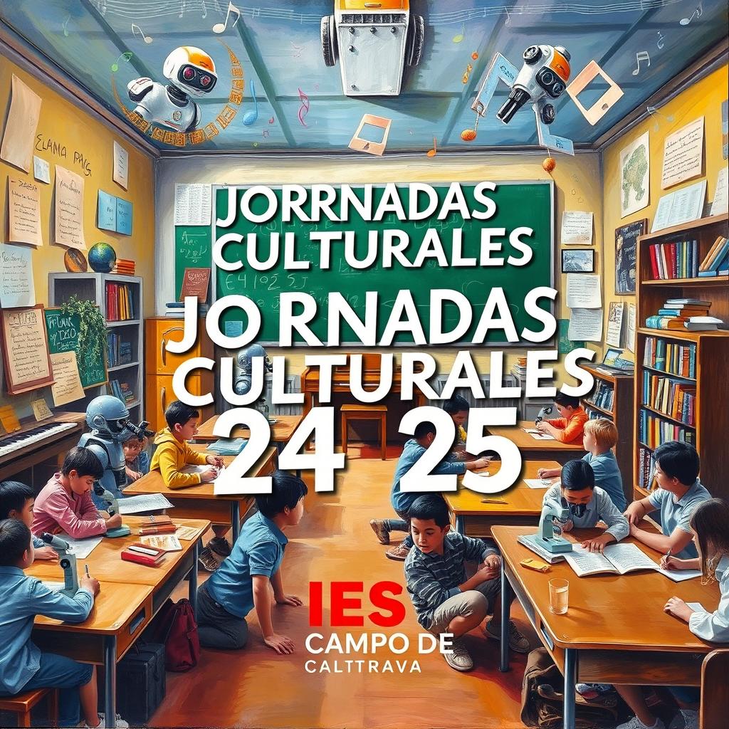 An oil painting-style poster depicting a vibrant classroom scene filled with students engaging in various educational activities