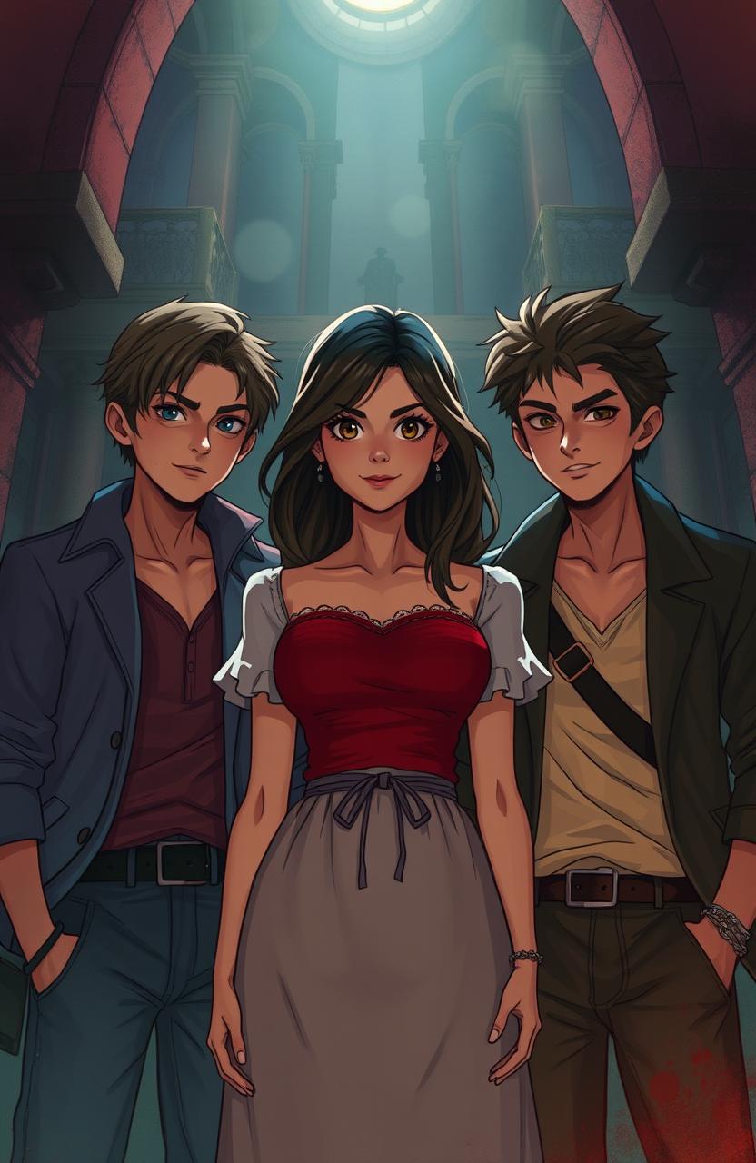 A captivating scene from the book 'La Emocionante anécdota de una asesina' featuring three characters: Paola, Rubí, and Roderick