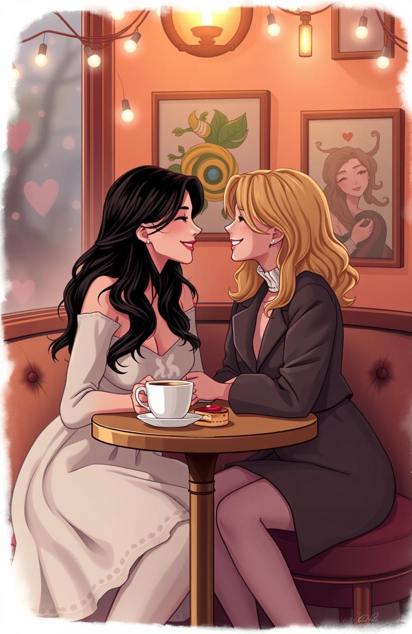 An intimate and romantic scene featuring Rubi and Paola, two beautiful women in a cozy, softly lit café