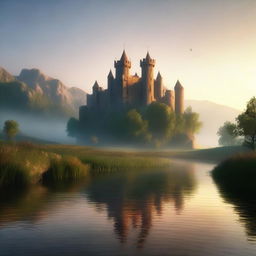 Generate a medieval castle at sunrise with a misty river in the foreground. The scene should be bathed in an orange glow from the sun rising over rolling green hills in the background.