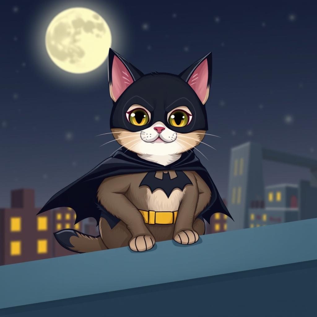 A cute and heroic cat dressed as Batman, wearing a sleek black bat suit and cape, sitting confidently on a rooftop at night