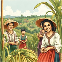 A vintage-inspired illustration of Hiligaynon people, showcasing traditional clothing and cultural elements, set against a picturesque backdrop of a rural plantation in the Philippines