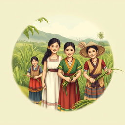 A vintage-inspired illustration of Hiligaynon people, showcasing traditional clothing and cultural elements, set against a picturesque backdrop of a rural plantation in the Philippines