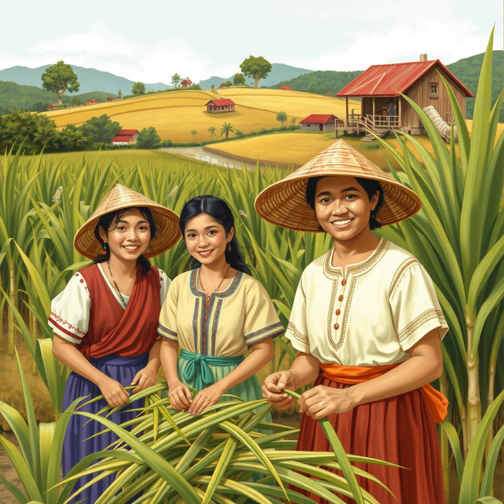 A vintage-inspired illustration of Hiligaynon people, showcasing traditional clothing and cultural elements, set against a picturesque backdrop of a rural plantation in the Philippines