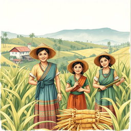 A vintage-inspired illustration of Hiligaynon people, showcasing traditional clothing and cultural elements, set against a picturesque backdrop of a rural plantation in the Philippines