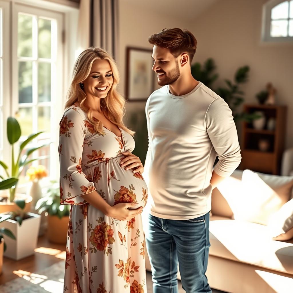 A beautiful blonde woman with a radiant smile, dressed in a flowy floral maternity dress, gently cradling her baby bump