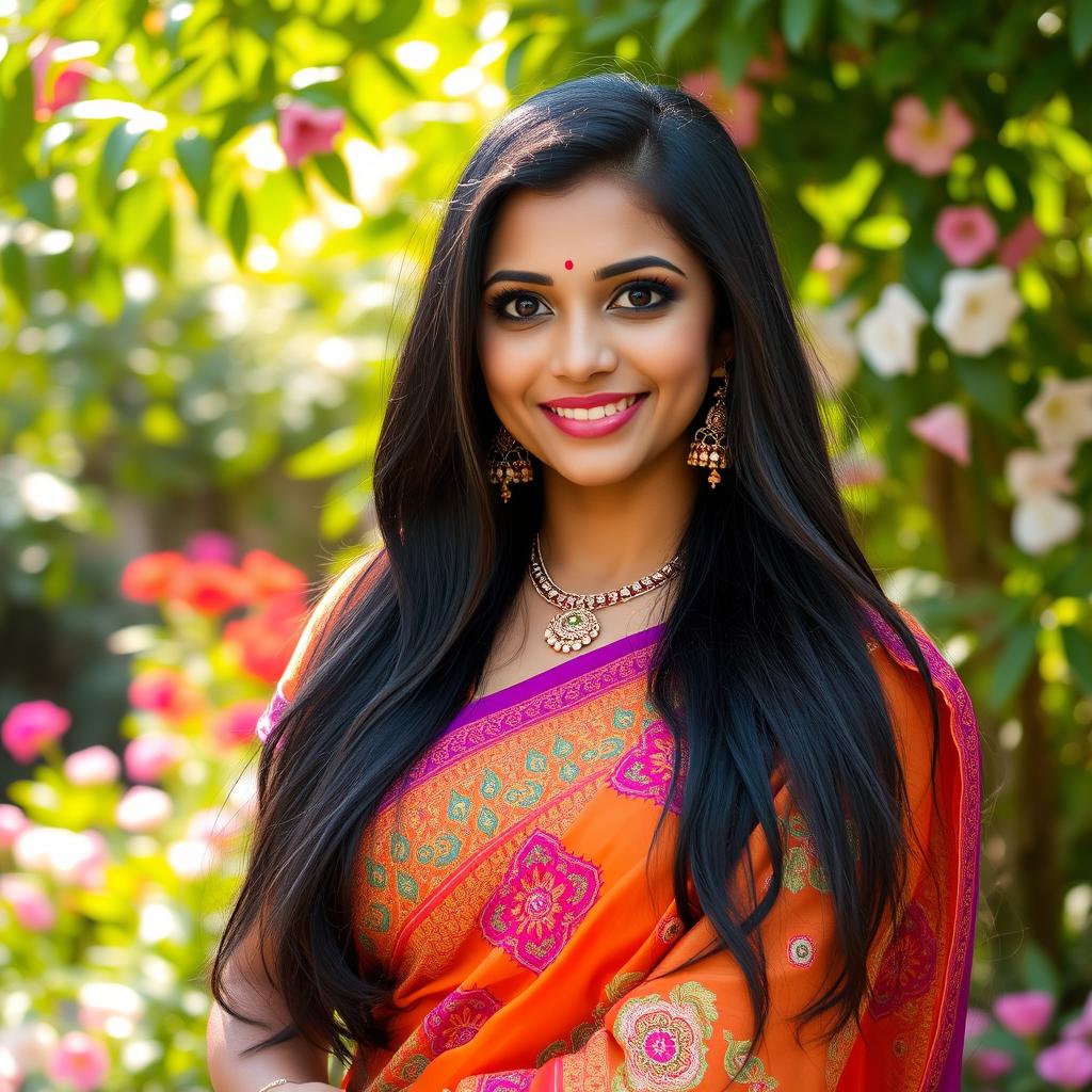 A petite Indian woman with long, flowing black hair and striking dark eyes, wearing a vibrant traditional saree adorned with intricate patterns and colorful embroidery