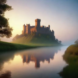 Generate a medieval castle at sunrise with a misty river in the foreground. The scene should be bathed in an orange glow from the sun rising over rolling green hills in the background.