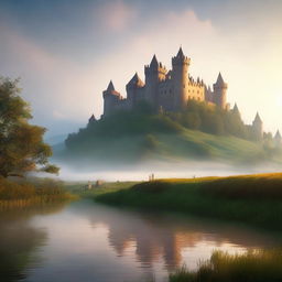 Generate a medieval castle at sunrise with a misty river in the foreground. The scene should be bathed in an orange glow from the sun rising over rolling green hills in the background.