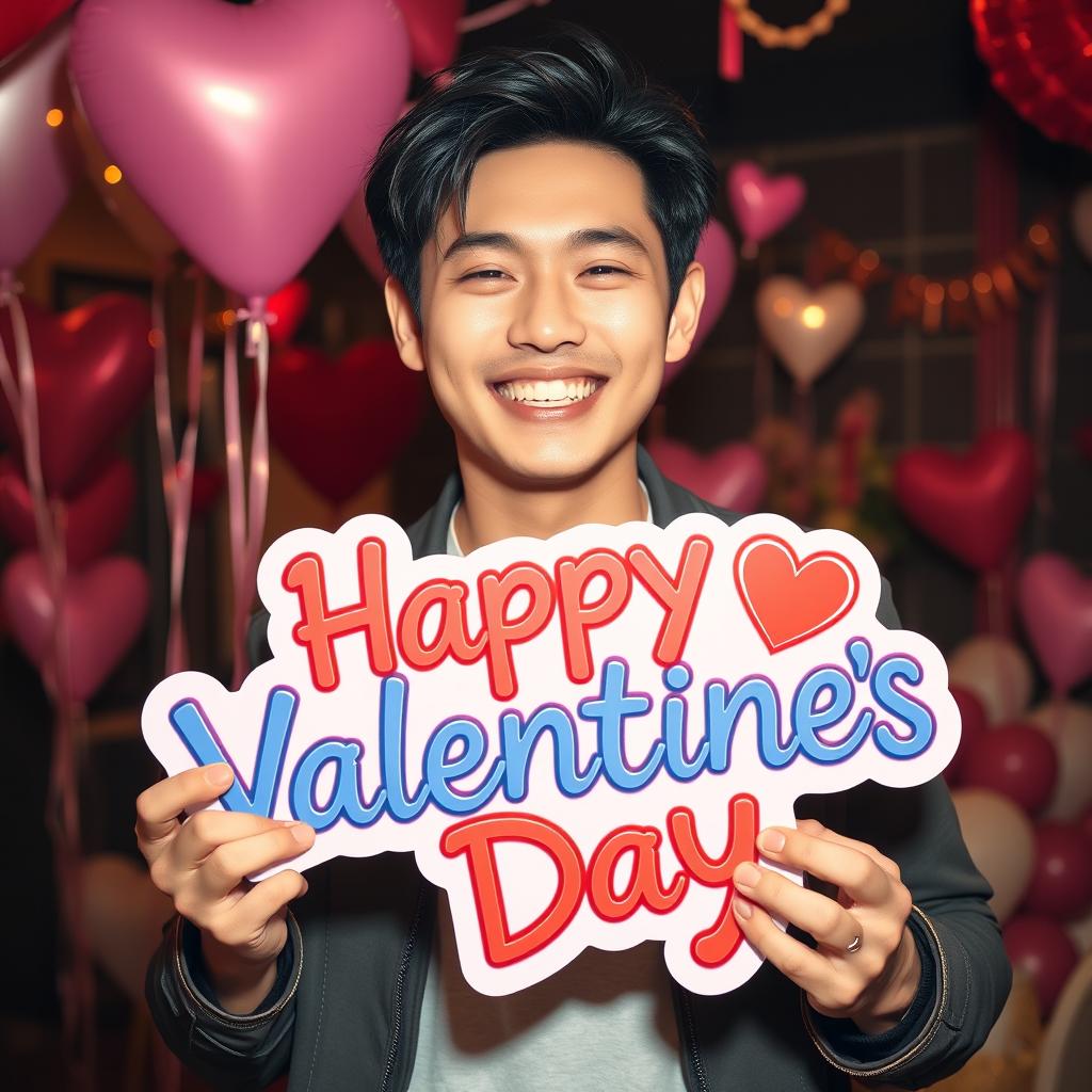 A handsome Korean man smiling joyfully, holding a colorful happy Valentine's Day sign