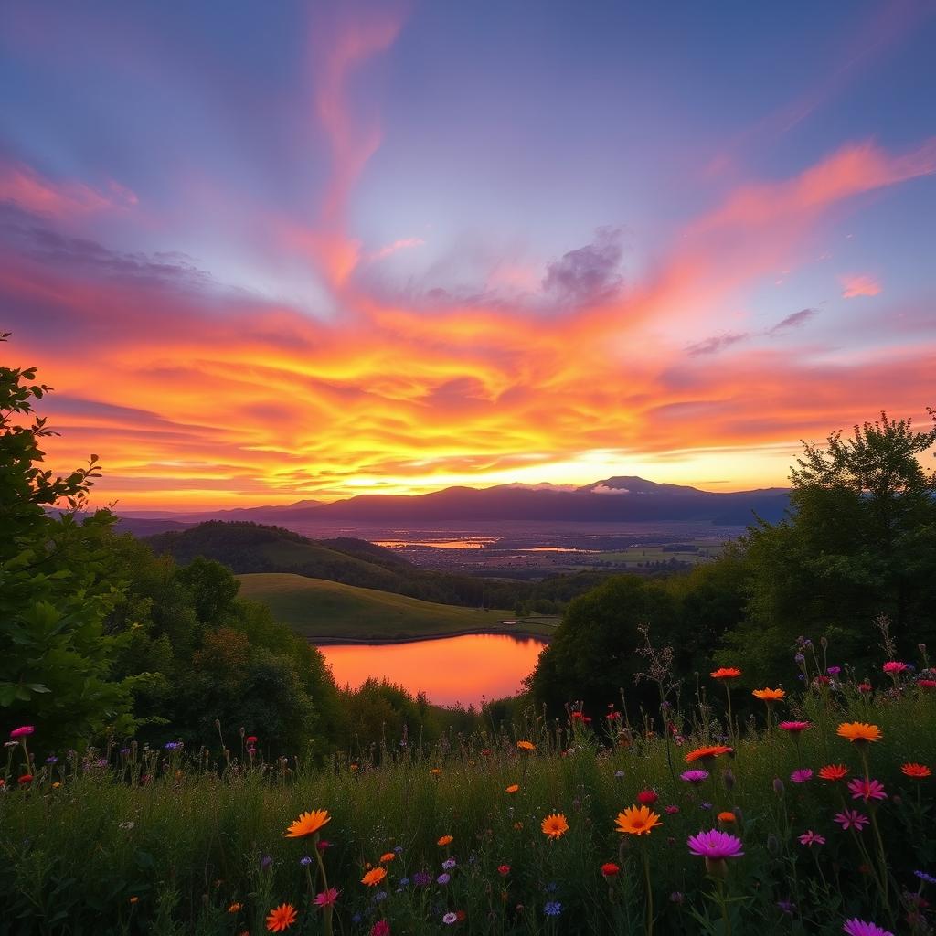 A stunning and beautifully composed image featuring a serene landscape, showcasing a vibrant sunset over rolling hills