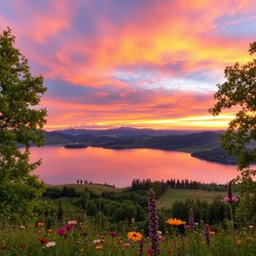 A stunning and beautifully composed image featuring a serene landscape, showcasing a vibrant sunset over rolling hills