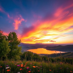 A stunning and beautifully composed image featuring a serene landscape, showcasing a vibrant sunset over rolling hills