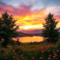 A stunning and beautifully composed image featuring a serene landscape, showcasing a vibrant sunset over rolling hills