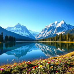 A breathtaking image of a majestic mountain landscape, featuring towering snow-capped peaks under a clear blue sky