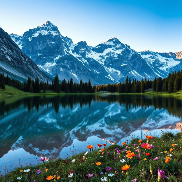 A breathtaking image of a majestic mountain landscape, featuring towering snow-capped peaks under a clear blue sky