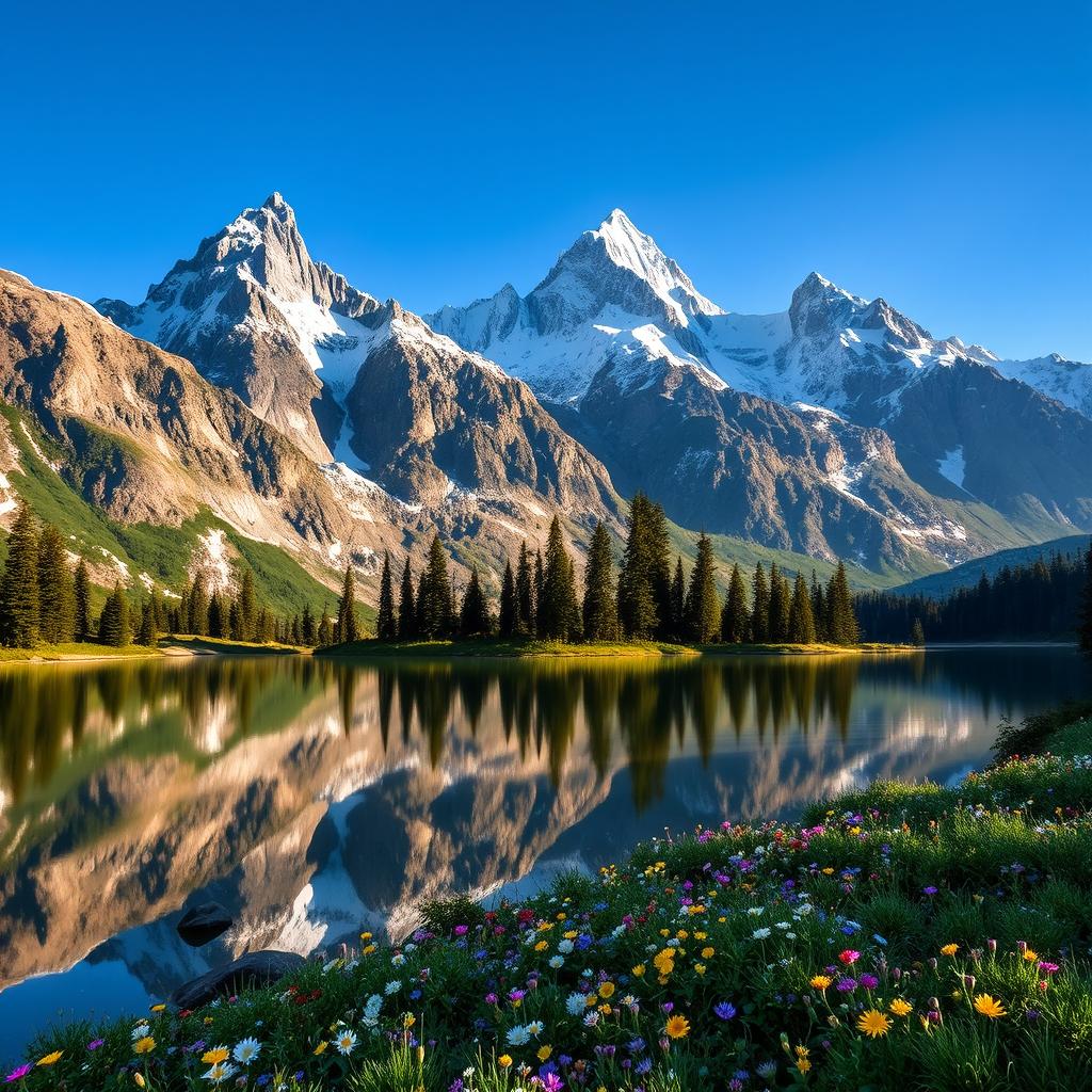 A breathtaking image of a majestic mountain landscape, featuring towering snow-capped peaks under a clear blue sky