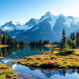 A breathtaking image of a majestic mountain landscape, featuring towering snow-capped peaks under a clear blue sky