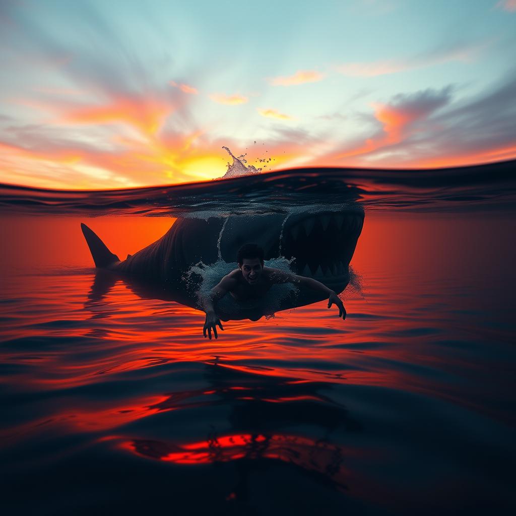 A dramatic scene of a person floating in calm ocean waters during a sunset, with vibrant orange and purple hues in the sky