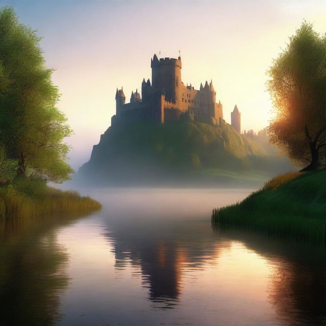 Generate a medieval castle at sunrise with a misty river in the foreground. The scene should be bathed in an orange glow from the sun rising over rolling green hills in the background.