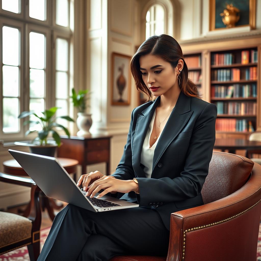 A stylish woman sitting in an elegantly decorated room, wearing a tailored suit and focused on typing on her sleek notebook