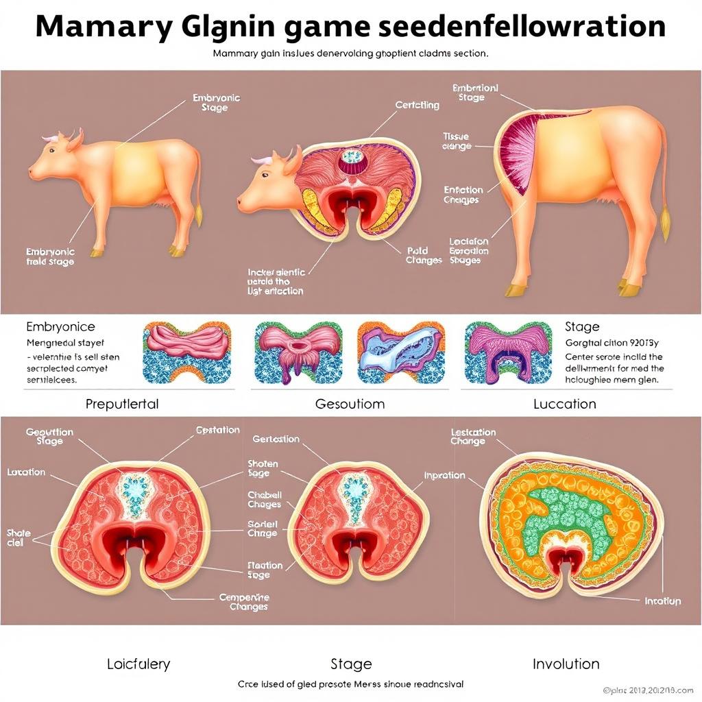 A detailed diagram illustrating mammary gland tissue development in cows, highlighting the various stages: Embryonic Stage, Prepubertal Stage, Pubertal Stage, Gestation Stage, Lactation Stage, and Involution Stage