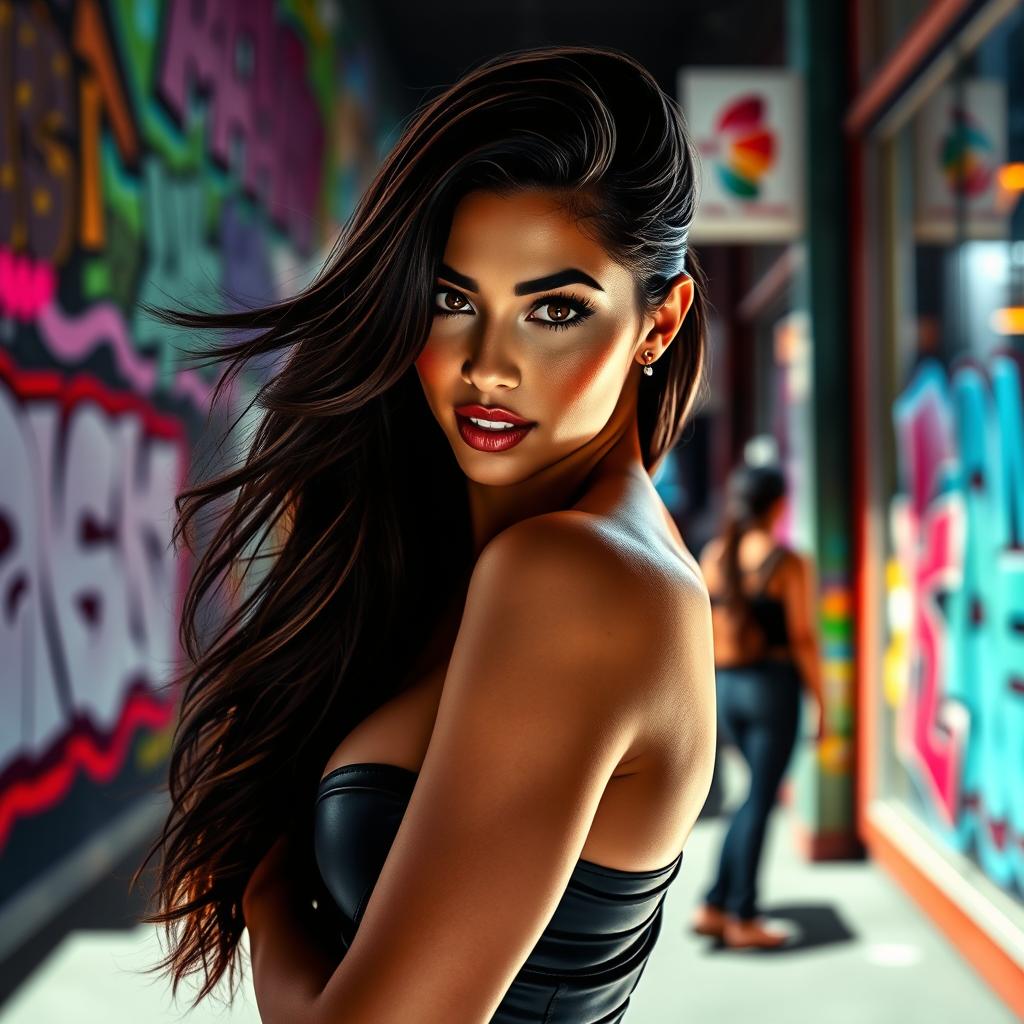 A stunning female model striking a confident pose in a vibrant urban environment with colorful street art