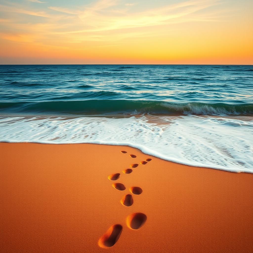 A serene beach at sunrise featuring clear footprints in the golden sand leading towards the vast ocean