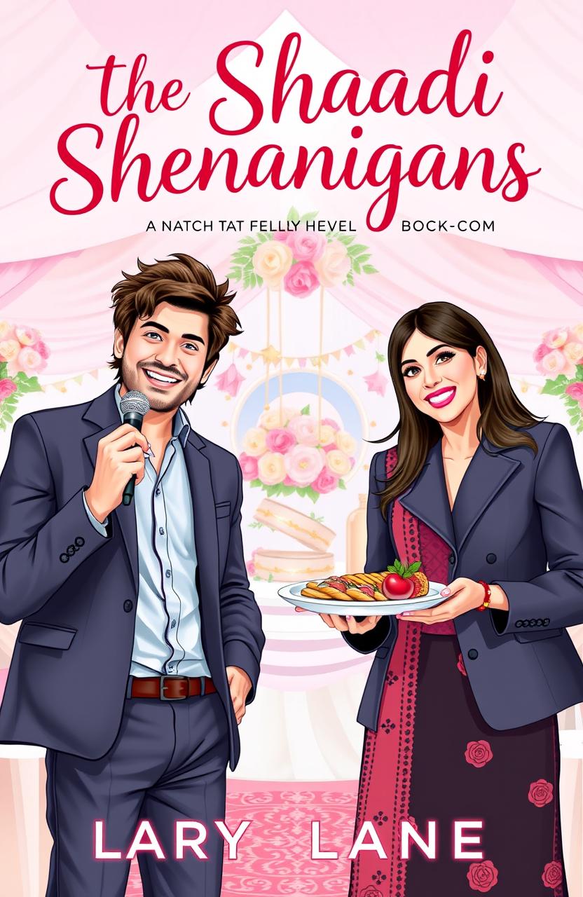 A whimsical and colorful book cover for a rom-com novel titled 'The Shaadi Shenanigans'