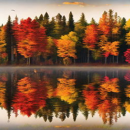 Sunset view of a forest with autumn colors. There should be a crystal clear lake with reflection of the vibrant trees. A deer drinking water at the side of the lake and birds flying back to their nests.