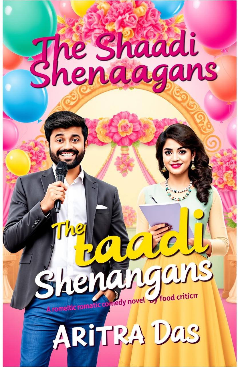 A charming and colorful book cover for a romantic comedy novel titled 'The Shaadi Shenanigans' by Aritra Das